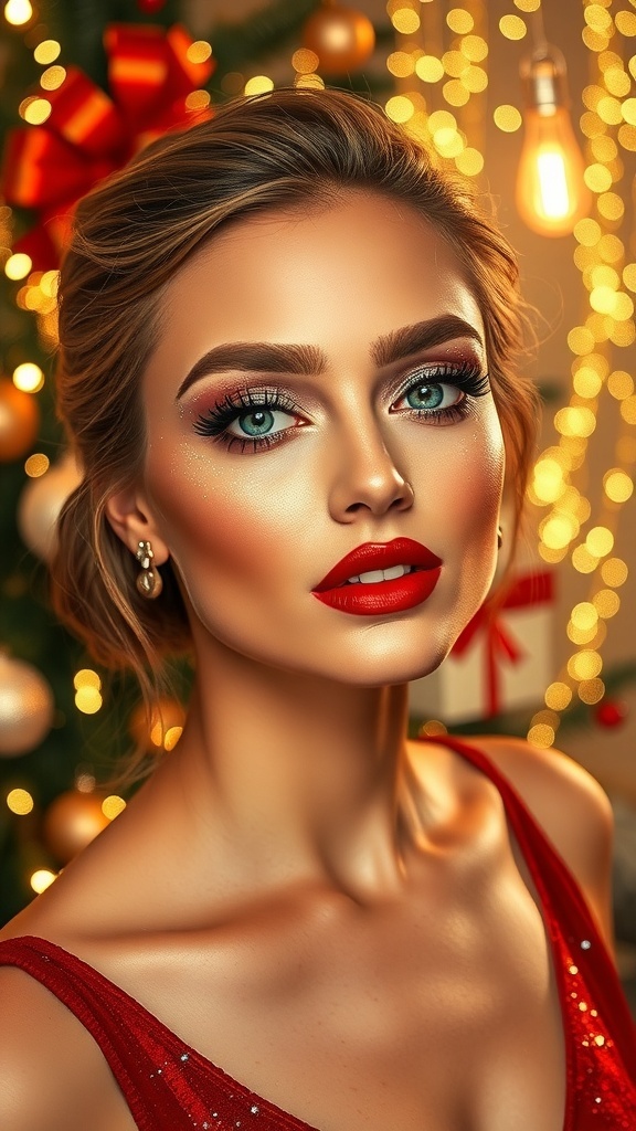 Glamorous Christmas makeup look with red lips and shimmering eyes, set against a festive backdrop.